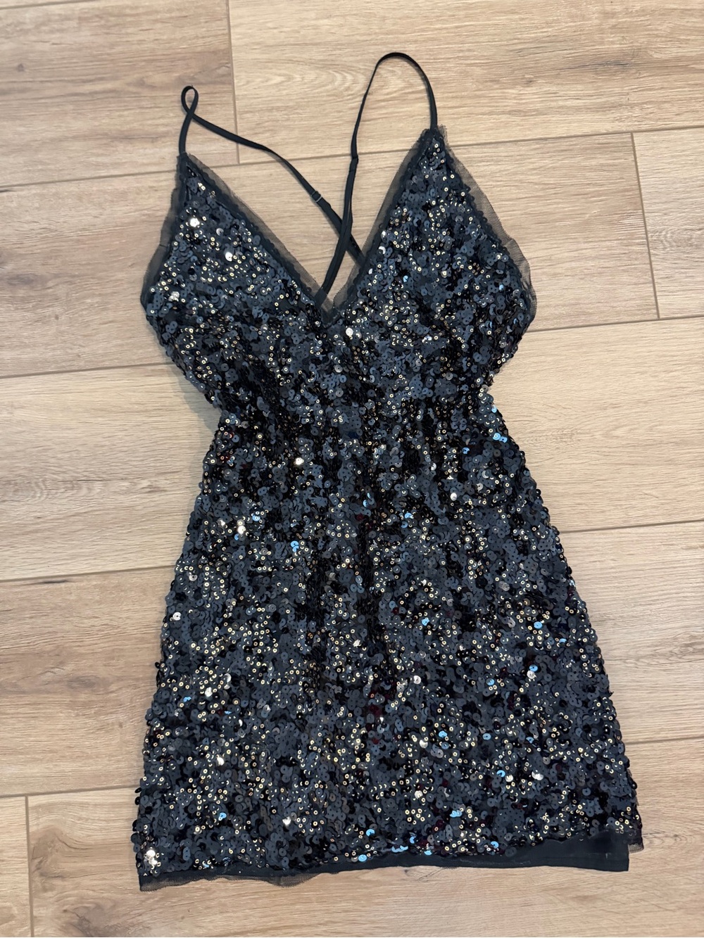 Black Sequin Spaghetti Strap Mini Dress